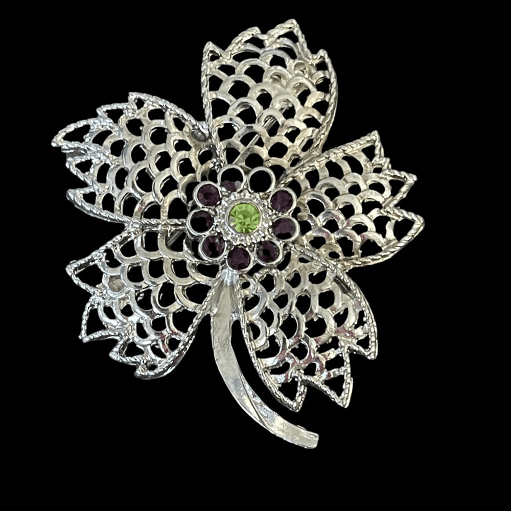Vintage Large Silver Tone Green & Purple Rhinestone Filigree Flower Pin Brooch